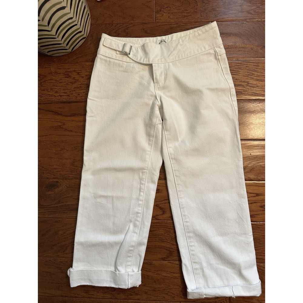 With Jean Womens S White Cotton Buckle Waist Cropped Capri Pants Cuffed Y2K